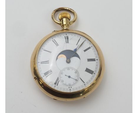 Swiss gold keyless lever double dial calendar pocket watch, possibly Baume for John Hall & Co., Manchester, the dial centred 
