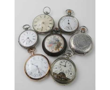 Seven various pocket watches comprising a Waltham gold plated 'Riverside Maximus' open faced pocket watch, white enamelled di