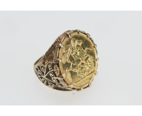 Victoria sovereign, 1891, set in a 9ct gold mount and open scrollwork ring, size P/Q, gross weight approx. 15.2g (Please note