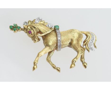 18ct gold diamond and gem set circus horse brooch,  set with tiny brilliant cut diamonds and a tiny ruby, full English hallma
