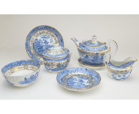 Attributed to Miles Mason, a blue and white printware part tea service, pattern no. 241 comprising lidded teapot on stand, su