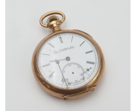 Elgin National Watch Company 14ct gold open faced pocket watch, damaged white enamel with subsidiary seconds, crownwind movem