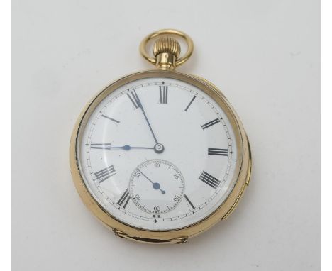 18ct gold minute repeating open faced pocket watch, Swiss made for H L Brown, Sheffield, circa 1930, white enamelled dial wit