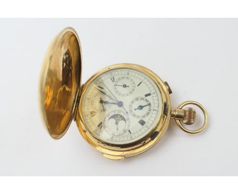 18ct gold Swiss calendar pocket watch, London import marks for 1914, the dial with subsidiary dials for day of the week, date