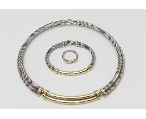 David Yurman (Canadian), suite of diamond set 14ct gold and silver jewellery comprising choker necklace, set with seven small