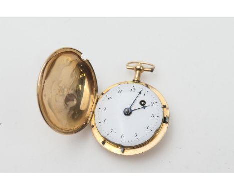 French miniature 18ct gold verge pocket watch, 19th Century, engine turned circular cushion form hunter case, white enamelled