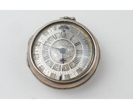 David Lestourgeon, London, a silver verge pocket watch, circa 1700, French silver pair case, plain outer form enclosing a sil