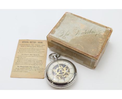 Rare Waterbury duplex six spoke tourbillion pocket watch, circa 1890, complete with original card box and instructions, chrom