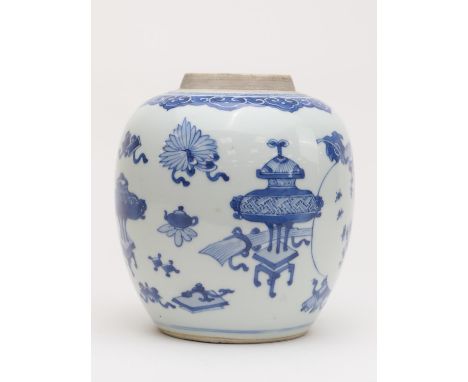Chinese blue and white ginger jar, Kangxi (1662-1722), decorated with precious objects and a bird singing amidst prunus bloss