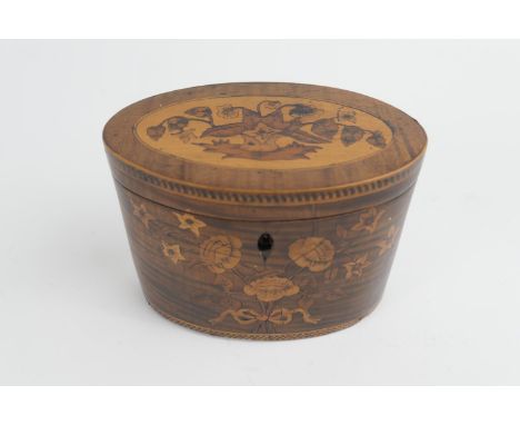 George III satinwood and inlaid tea caddy, circa 1800, oval form inlaid with a floral bouquet in boxwood and harewood within 