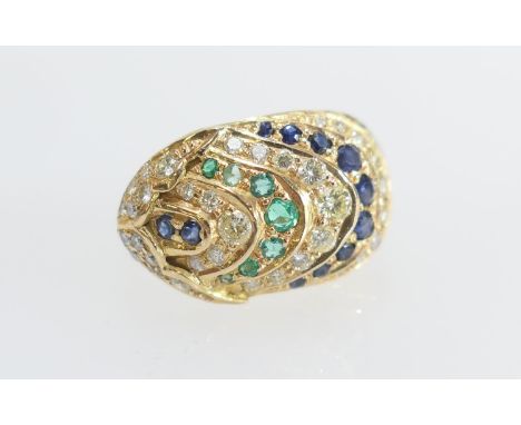 Diamond , sapphire and emerald scarab ring, set with small round cut stones, illusion set in 18ct yellow gold, size M, gross 