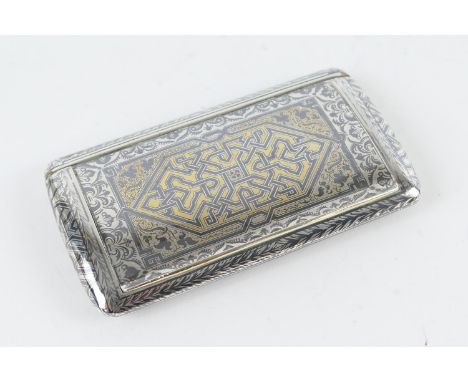 French niello silver gilt snuff box, probably Paris, late 19th Century, cushion form decorated in Russian style with formalis