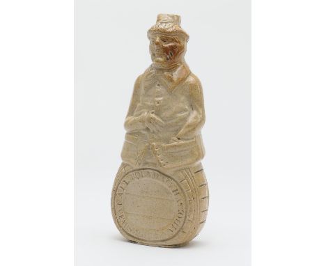 Brown saltglazed stoneware flask, modelled as an innkeeper seated on a barrel, and inscribed 'All round my hat I've fars a gr