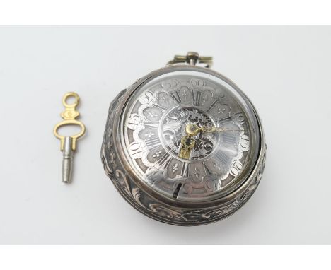 Silver repousse pair cased verge pocket watch, signed 'Etienne Masse', mid 18th Century, the outer case centred with an ename