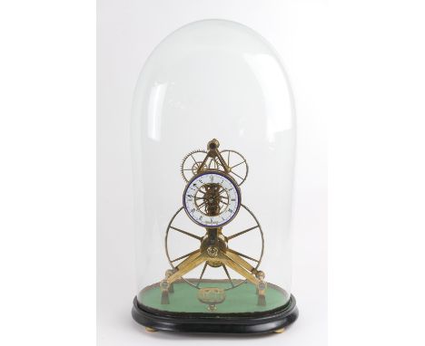 Lacquered brass great wheel skeleton timepiece, circa 1995, with three substantial pillars, single spring barrel movement, wi