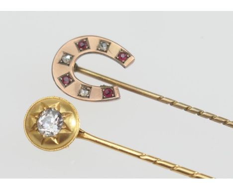 Late Victorian or Edwardian diamond stock pin, old round cut stone of approx. 0.35ct, in a bright cut yellow metal mount and 