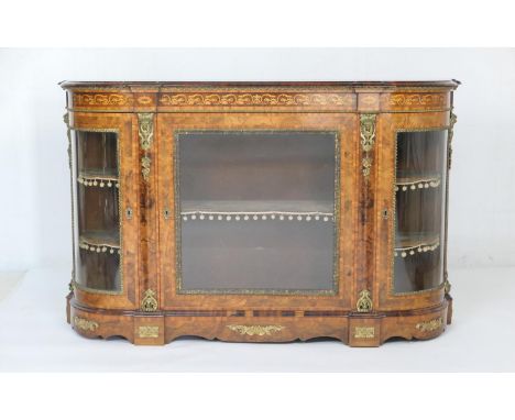 Fine Victorian walnut and inlaid credenza, well figured and well patinated throughout, having a foliate inlaid frieze over a 