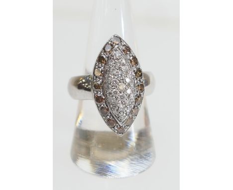 Italian chocolate and white diamond marquise cluster ring, the centre set with 25 brilliant cut white diamonds bordered with 