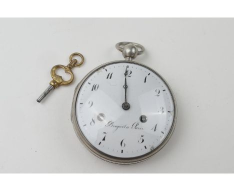 French silver repeating pocket watch, signed 'Breguet a Paris', white enamelled dial with Arabic numerals, knurled edge, plun