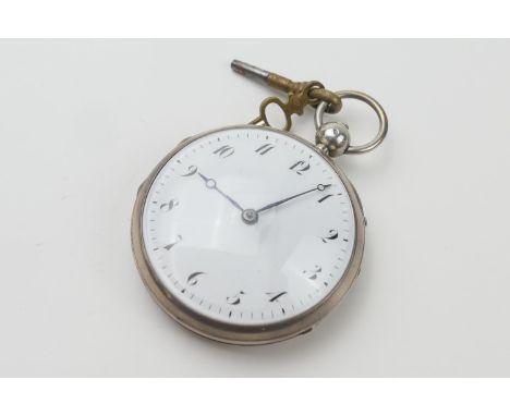 French silver open faced verge clock watch, third quarter 19th Century, white enamelled dial, engine turned case, unsigned mo