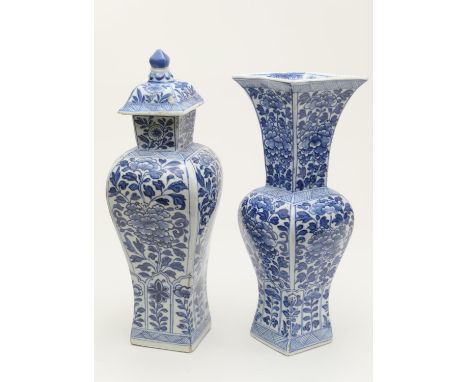 Chinese blue and white vase, Kangxi (1662-1722), decorated with peony to the square section baluster body, height 26cm; also 