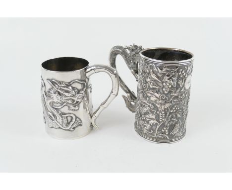 Chinese silver (90 std) tankard, by Wang Hing, late 19th Century, tapered cylinder form with a dragon in low relief, simulate