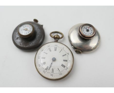 Edwardian silver cased button watch, London import marks for 1908, tiny dial with Arabic numerals (minute hand loose); also a