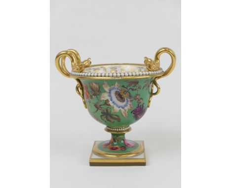 Flight Barr &amp; Barr Worcester footed urn, circa 1815-40, with double serpent moulded handles, and decorated with passion f