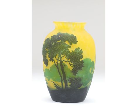 Muller Freres cameo glass vase, worked with an early morning lakeland landscape in silhouetted dark to light green against a 