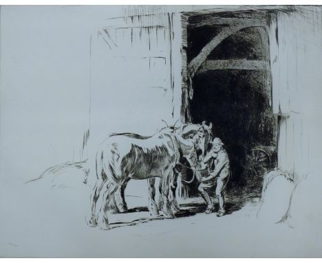 SOPER, GEORGE (1870-1942) British (AR), Feeding the Horses, etching, circa 1922. 25.2 x 31.9 cm.