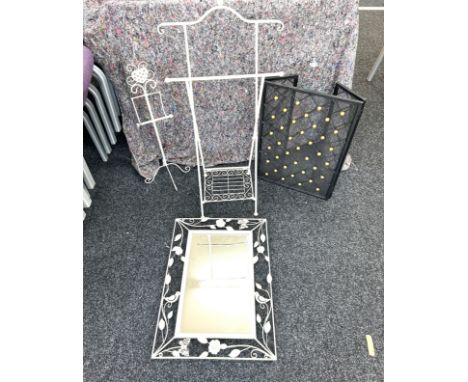 Metal framed mirror, clothes stand, firescreen 