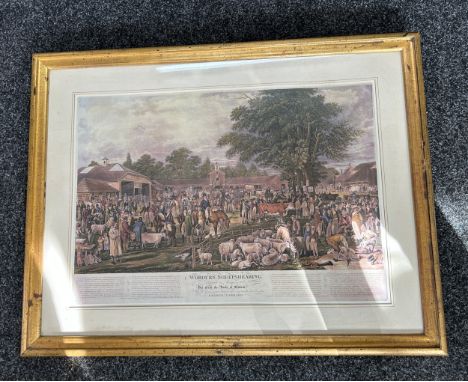 Framed Woodburn Sheep shearing print in gilt frame, approximate measurements: 34 by 26 inches