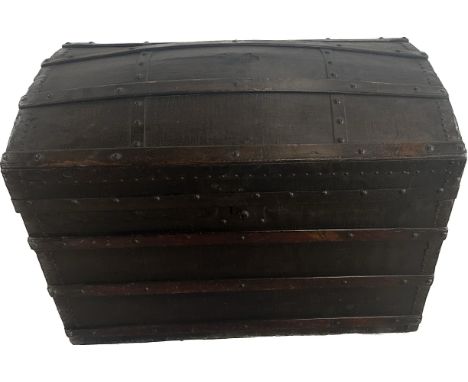 Antique dome top trunk measures approx 25 inches tall by 34 inches wide and 21 inches deep