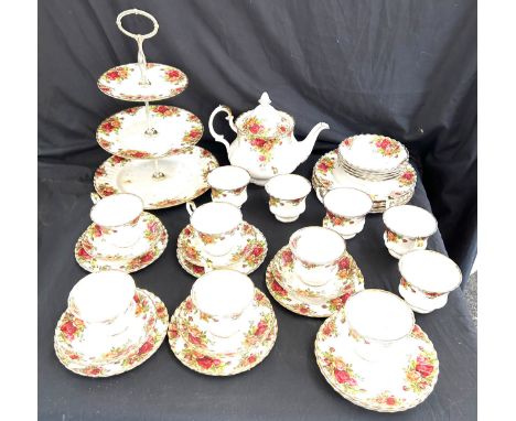 Selection of Royal Albert Old Country Rose items to include a Three tier cake stand, tea pot, 5 x 8 inch plates, 5 x 5.5 inch