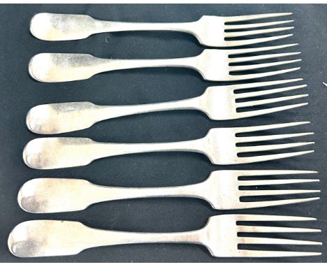 Six antique sterling silver Irish table forks, makers initials SN for Samuel Neville, hallmarks for Dublin 1799 engraved fami