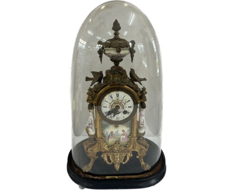 Vintage French enamel mantle clock with glass dome, clock untested, Height 20 inches, Width 11 inches, Depth 7.5 inches
