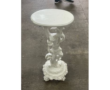 Carved wooden lamp stand measures approximately 32 inches tall