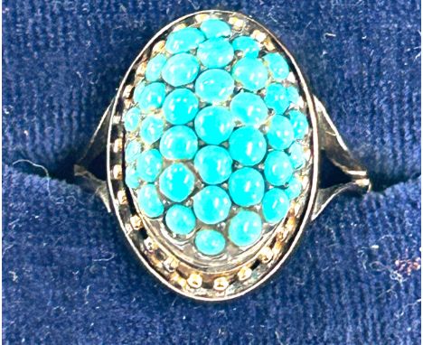 Antique hallmarked 9ct gold and turquoise ladies ring, overall weight 4.4g, ring size K