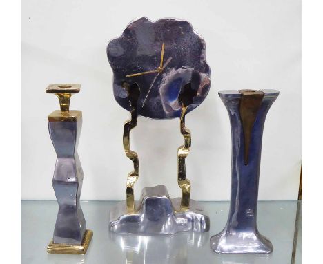 MANTLE CLOCK AND TWO CANDLESTICKS, Art Nouveau style, signed, in polished metal finish, largest 43cm H. (3)
