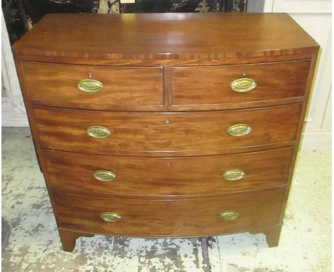 BOWFRONT CHEST, George III mahogany with two short above three long drawers on bracket feet, 107cm W x 105cm H x 49cm D. (wit