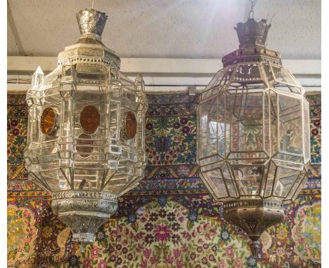 LANTERN, circa 1930, Spanish, silvered tole, in Moroccan taste, with clear and amber glass panels, 101cm H x 49cm, and a simi