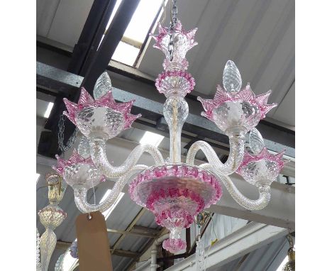 CHANDELIER, five branch, Murano glass, with twisted swept arms, 60cm H, plus chain.