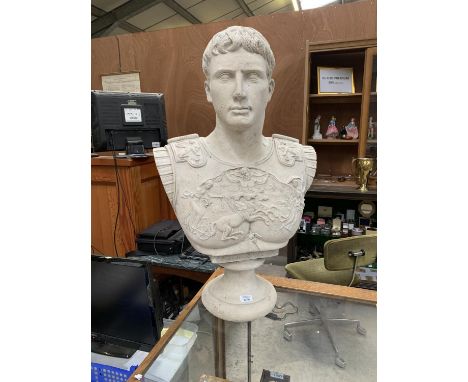 A LARGE ROMAN STYLE CAESER CAST TORSO BUST MODEL, 82.5CM HEIGHT 