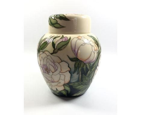 A MOORCROFT POTTERY 'MADAME' PATTERN LIDDED GINGER JAR, HEIGHT 16CM 