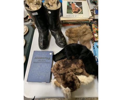 A PAIR OF VINTAGE LEATHER RIDING BOOTS, FUR ITEMS AND RUSSIAN BOOK 