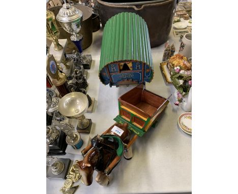 A CERAMIC SHIRE HORSE MODEL WITH ROMANY CARAVAN TRAILER AND CART 
