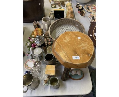 MIXED ITEMS TO INCLUDE VINTAGE SIEVE, STOOL, CERAMICS ETC 