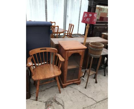 FIVE ITEMS - A PINE CHAIR, A PINE CABINET, AN OAK BARREL PLANTER, A STANDARD LAMP AND AN OAK SIDE TABLE 