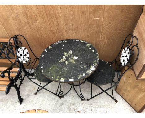 A VINTAGE GARDEN TABLE AND TWO CHAIRS 