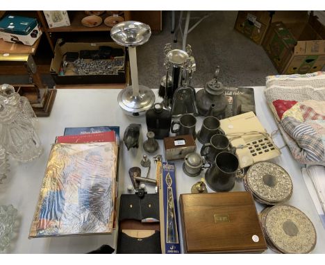 A COLLECTION OF VARIOUS EPNS ITEMS, VINTAGE BOOKS, WOODEN BOX ETC 